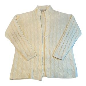 Karen Scott Womens Cream Cable Knit Cardigan Flower Button Mock Neck M Vintage